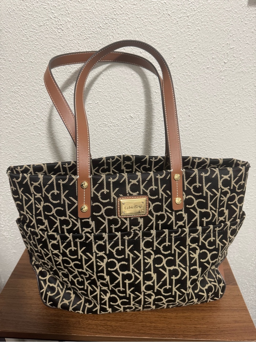 Calvin Klein Black & Tan Monogram Canvas Tote Shoulder Bag
